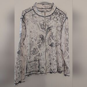 Chico's Spa full Zip Jacket Black White Print Sz Large 2